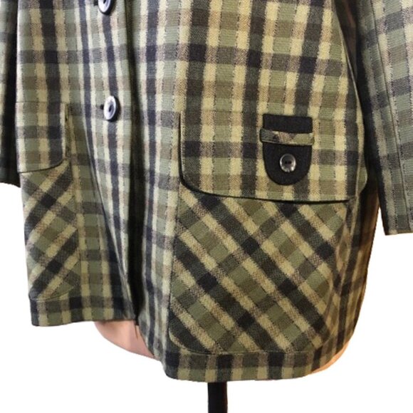 Vintage 90s wool checkered olive green and black blazer jacket, Plus size - Picture 11 of 16
